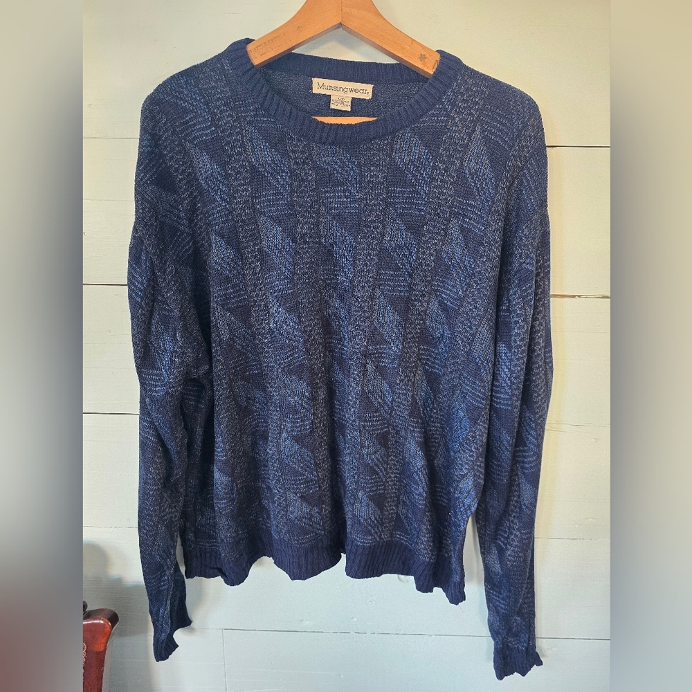 Vintage 80s 90s Munsingwear Blue Geometric Tight Knit Pullover Sweater Large